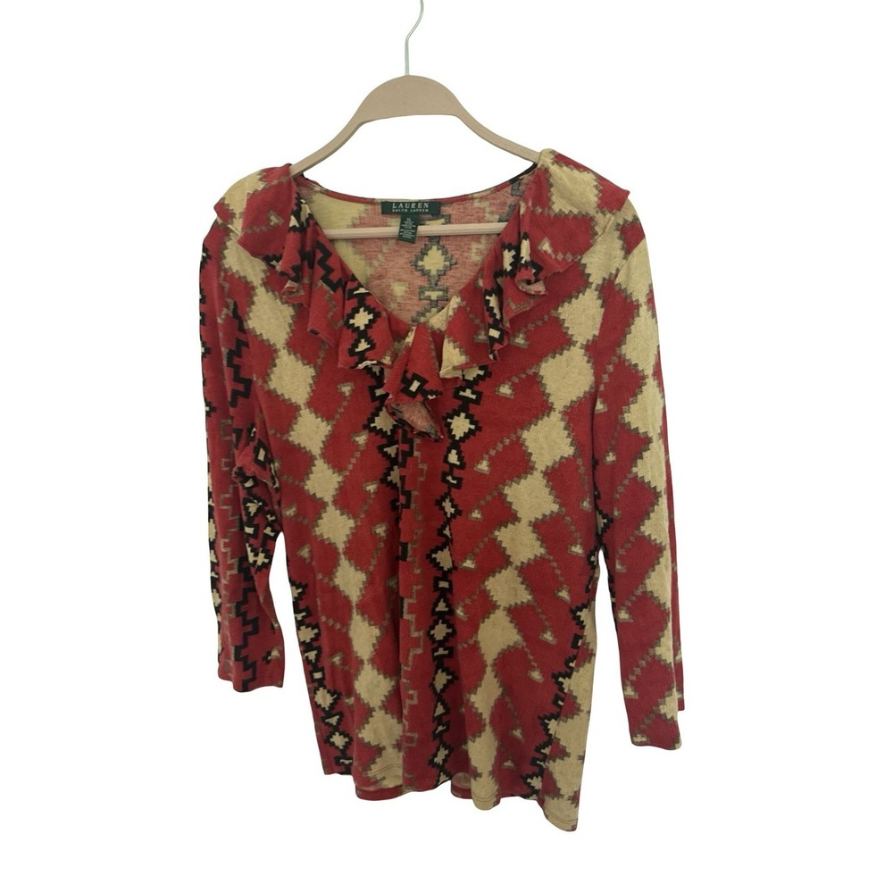 Lauren Ralph Lauren Red Cream Aztec Southwest Top Ruffle Collar Boho Cotton, XL